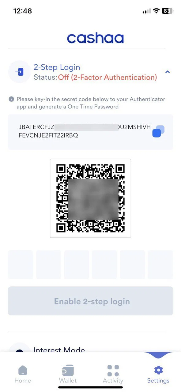 Screenshot for step 3: How to Enable your 2FA on the Cashaa App