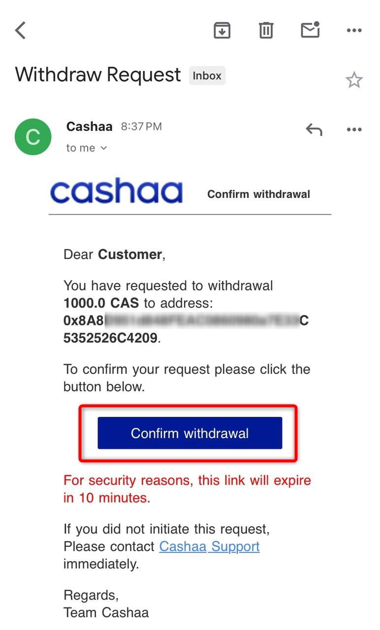Screenshot for step 7: How to Withdraw Cryptocurrency from Cashaa